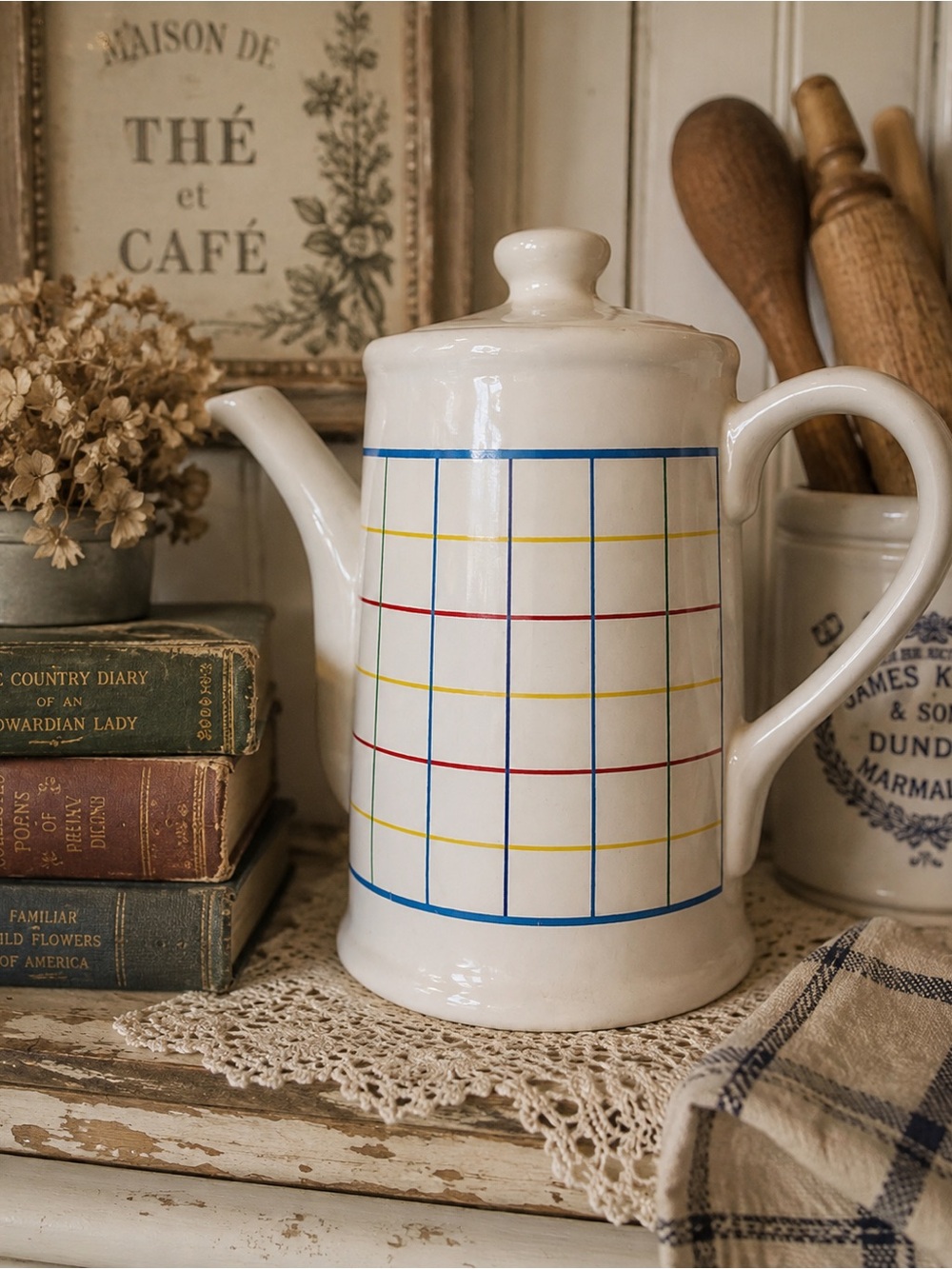 Cream Ceramic Teapot with Multicolor Grid Pattern